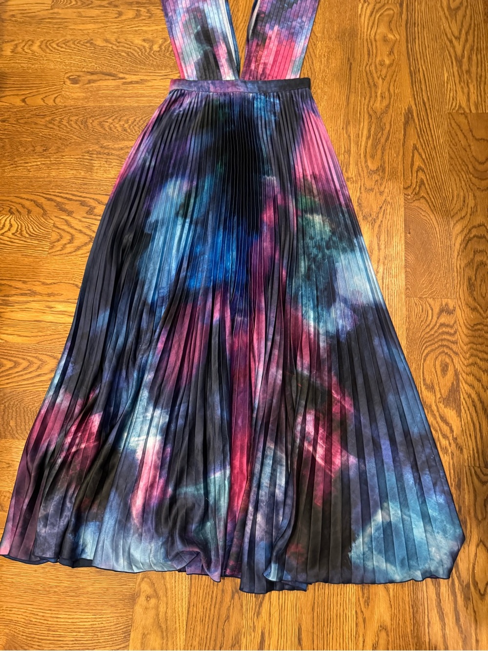 L’idee Deep V Pleated Evening Dress Blue Prple Printed Gala Gown Size UK 10 US 6 - Picture 8 of 11